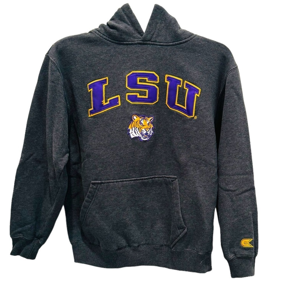 Colosseum Athletics Youth LSU Tigers embroidered pullover hoodie charcoal gray